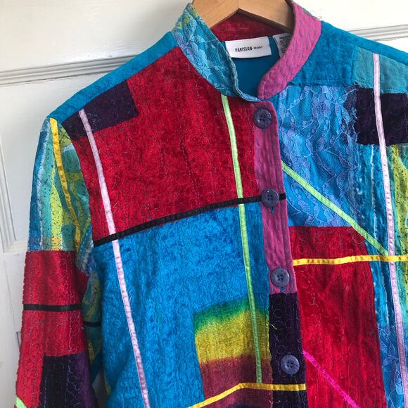 Parisian Works 90s Y2K Patchwork Art To Wear Shirt Jacket Shacket Small Hippie - Picture 2 of 13